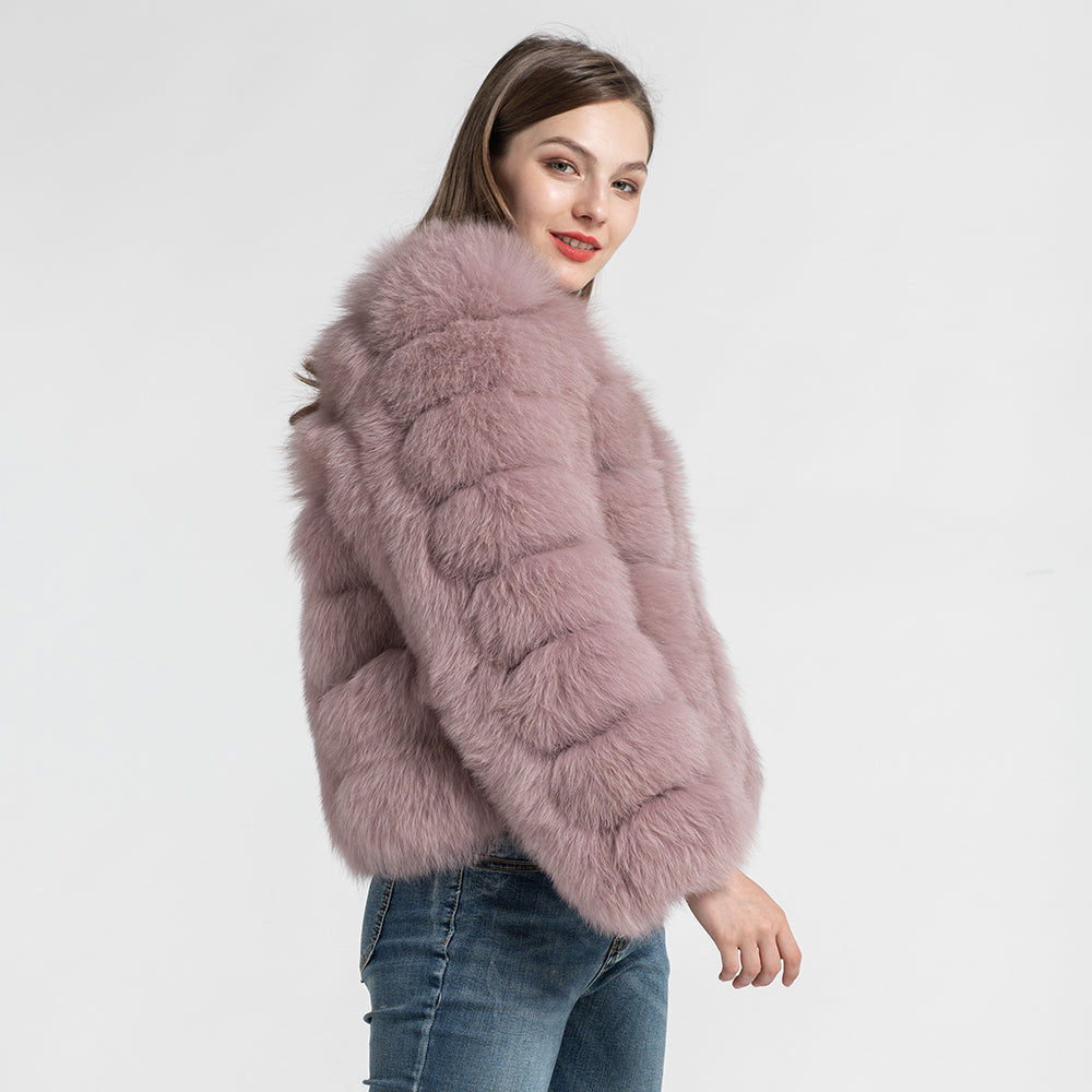 Women's Real Fox Fur Coat Dusty Pink Jacket Short Style Outwear 
