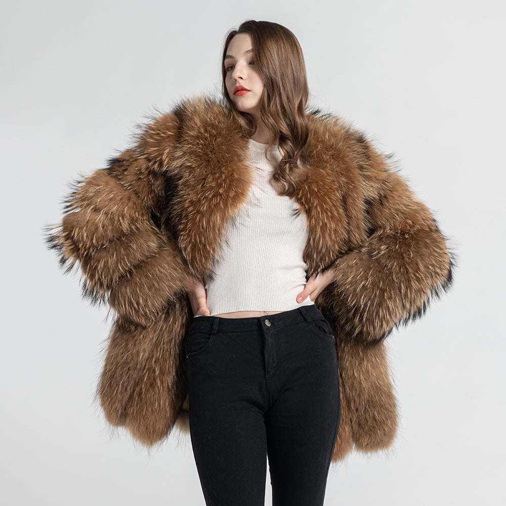 Women Natural Fur Coat Real Raccoon Fur Collar Parkas Winter Clothes Jacket  Cuff