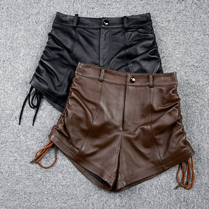 Lady Leather Shorts High Waist Sheepskin Leather Pants Design Straps Tie Simple 2022 Autumn Winter New TF4792