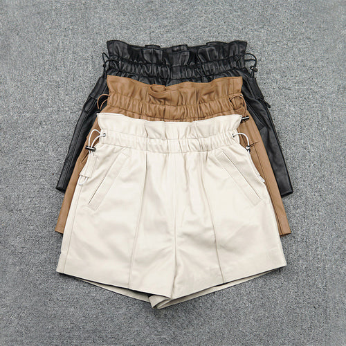 Leather Pants 2022 Autumn Winter Sheepskin Shorts All-Match Eastic Waist Pleated Pocket Wide Leg Pants New Fashion TF4788