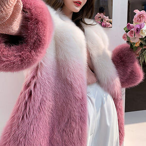 Lady 2022 New Imported Fox Fur Coat Luxury Gradient Full Fur Coat Mid Length Winter 7934