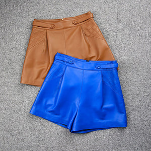 Lady Genuine Leather Sheepskin Leather Shorts Pants High Waist A-line Solid 2022 New TF4744