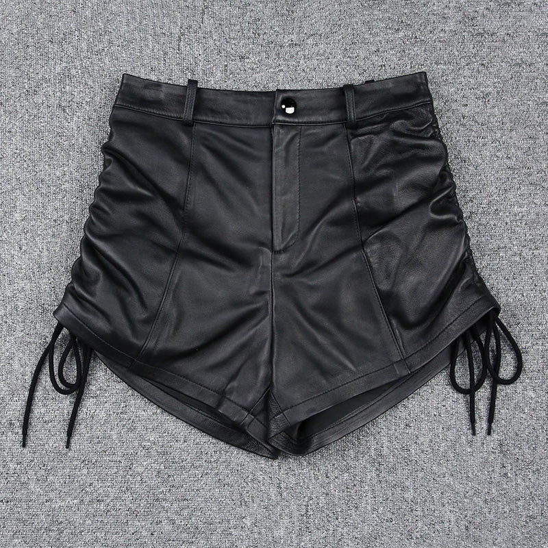 Lady Leather Shorts High Waist Sheepskin Leather Pants Design Straps Tie Simple 2022 Autumn Winter New TF4792