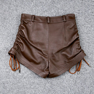 Lady Leather Shorts High Waist Sheepskin Leather Pants Design Straps Tie Simple 2022 Autumn Winter New TF4792