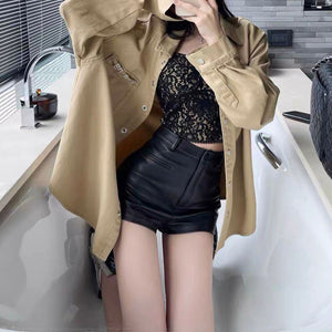 Lady Leather Shorts High Waist Fake Pocket Genuine Sheepskin Pants Snaps Daily Elastic 2022 Spring Autumn New TF4798