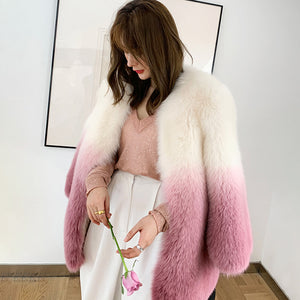 Lady 2022 New Imported Fox Fur Coat Luxury Gradient Full Fur Coat Mid Length Winter 7934