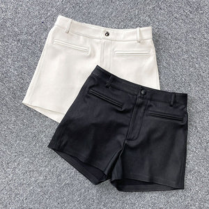 Lady Leather Shorts High Waist Fake Pocket Genuine Sheepskin Pants Snaps Daily Elastic 2022 Spring Autumn New TF4798