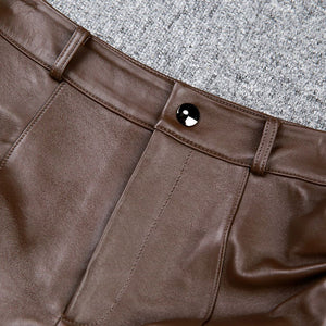 Lady Leather Shorts High Waist Sheepskin Leather Pants Design Straps Tie Simple 2022 Autumn Winter New TF4792