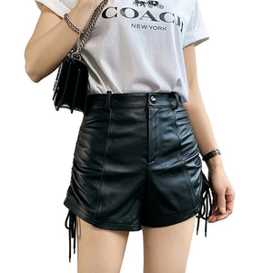 Lady Leather Shorts High Waist Sheepskin Leather Pants Design Straps Tie Simple 2022 Autumn Winter New TF4792