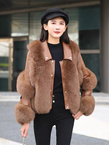 Women Real Leather Jacket Fox Fur Coats Winter Fashion Thick Warm