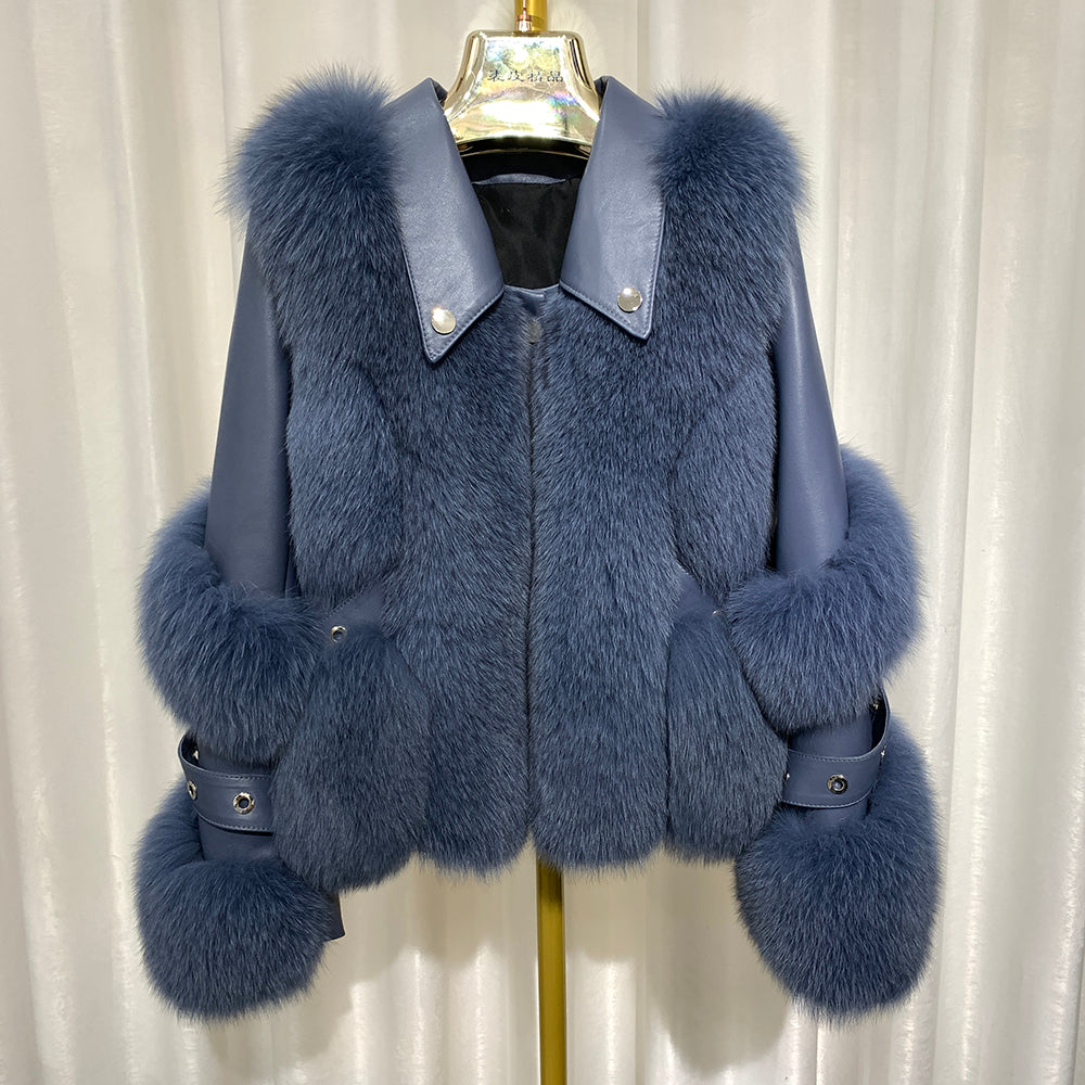 Winter Fashion Women Luxury Fox Fur Coats Leather Jacket