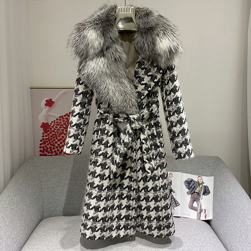 Women Wool Coat Long Style Real Fox Fur Jacket Winter Warm Overcoat