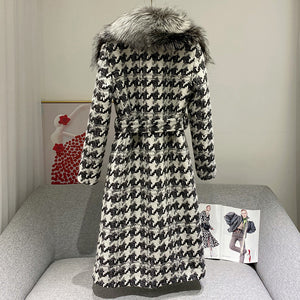 Women Wool Coat Long Style Real Fox Fur Jacket Winter Warm Overcoat