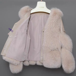 Winter Warm Women Genuine Sheepskin Leather Jackets Fox Fur Coats