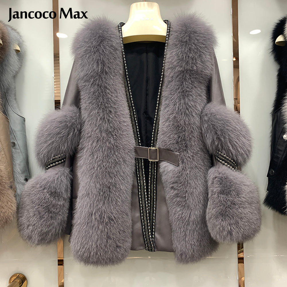 Women's Winter Warm Real Fox Fur Jackets Genuine Sheepskin Leather Coats