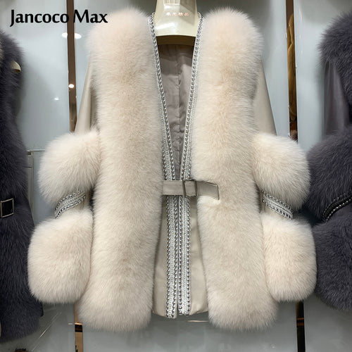 Women's Winter Genuine Sheepskin Leather Coats Warm Real Fox Fur Jackets