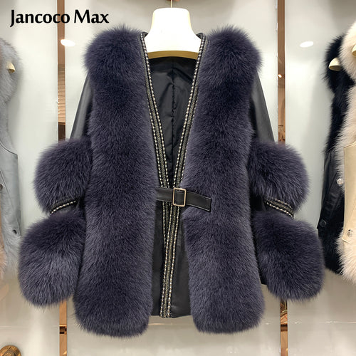 Winter Warm Women Genuine Sheepskin Leather Jackets Real Fox Fur Coats