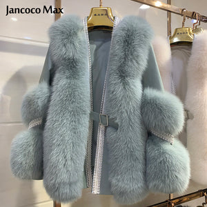 Women Luxury Real Fox Fur Jackets Winter Genuine Sheepskin Leather Coats