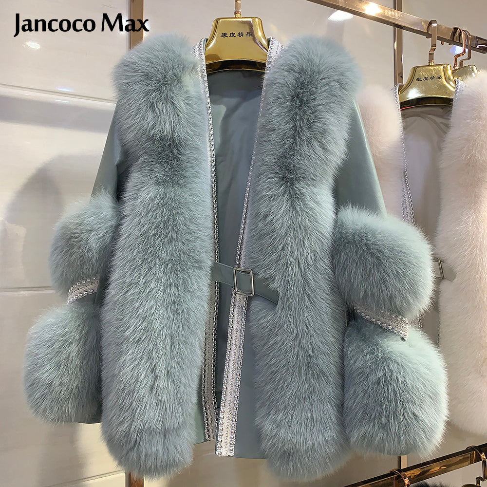 Women Luxury Real Fox Fur Jackets Winter Genuine Sheepskin Leather Coats