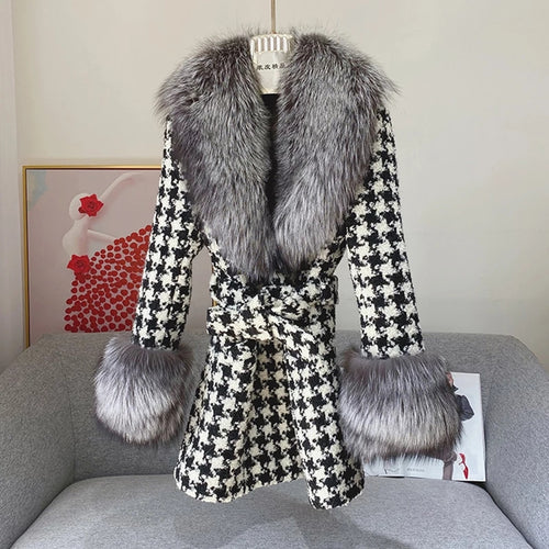 Women Winter New Wool Coat Fox Sleeve Long Real Fox Fur Jacket Warm Overcoat