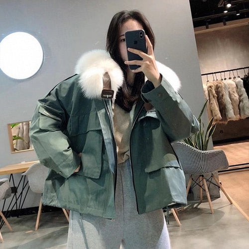 Women Luxury Rex Rabbit Fur Lining Parka Winter Real Fox Fur Coats