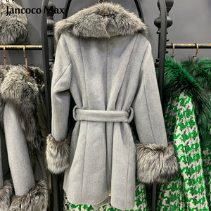 Women Fashion Fur Coat Silver Fox Collar Wool Coats Winter Long Jackets