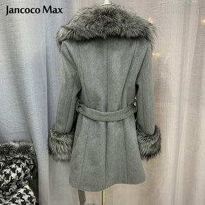 Women Fashion Fur Coat Silver Fox Collar Wool Coats Winter Long Jackets