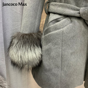 Women Fashion Fur Coat Silver Fox Collar Wool Coats Winter Long Jackets