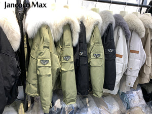 Women Luxury Real Fox Fur Coats Thick Warm Rex Rabbit Fur Lining Fur Parka