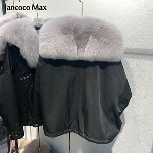 Women's Real Fox Fur Parka Coats Rex Rabbit Fur Lining Thick Warm Fur Jackets