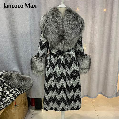 Winter Women Real Silver Fox Fur Coats Thick Warm Wool Coats Long Style