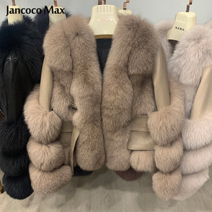 Luxury Real Sheepskin Leather Jackets Women Winter Thick Warm Fox Fur Coat