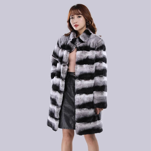 Women's Fashion Rex Rabbit Fur Long Coats Luxury Chinchilla Overcoats