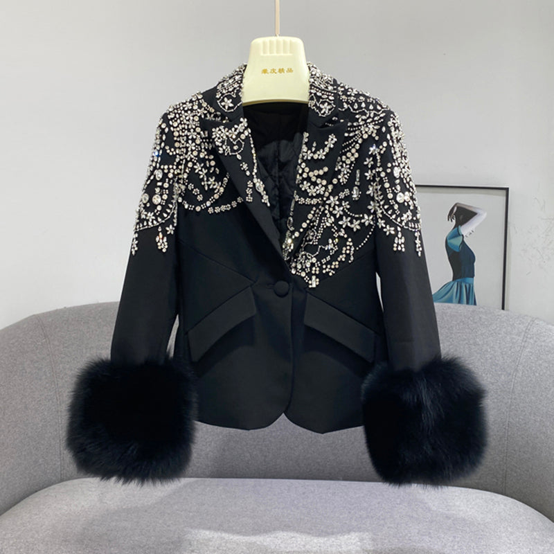 Women's Luxury Real Fur Coat Diamond with Detachable Fox Fur Cuff