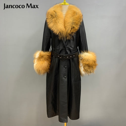 Women Fashion Luxury Long Leather Jackets Real Fur Coat Warm Windbreaker