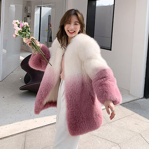 Lady 2022 New Imported Fox Fur Coat Luxury Gradient Full Fur Coat Mid Length Winter 7934