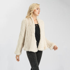 Ladies Real Rabbit Fur Coat Knitted Soft Fur Jacket Beige