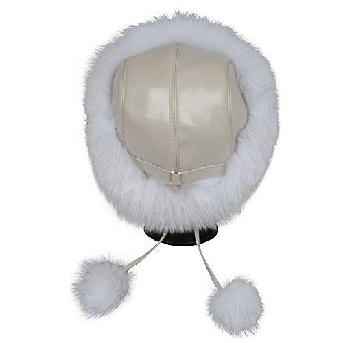 Winter Women Real Fox Fur Trapper Hat Russian Caps with Pompom Natural White