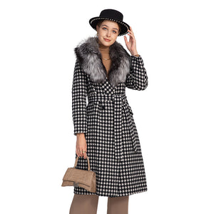 Winter Women Real Fox Fur Collar Trench Coat Houndstooth Long Wool Jacket