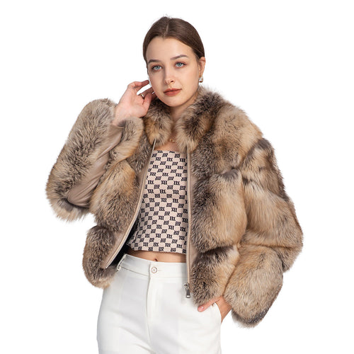 Golden Island Shadow Fox Fur Bomber Jacket with Zipper