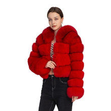 Load image into Gallery viewer, Women Four Rows Fox Fur Coat With Hood Full Sleeves