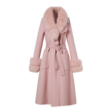 Load image into Gallery viewer, Lady Long Wool Jacket with Real Fox fur Cuffs Fashion Coat Pink Detachable