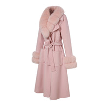 Load image into Gallery viewer, Lady Long Wool Jacket with Real Fox fur Cuffs Fashion Coat Pink Detachable