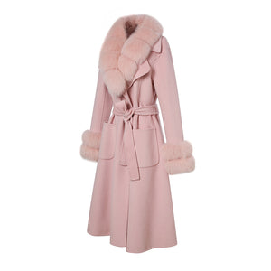 Lady Long Wool Jacket with Real Fox fur Cuffs Fashion Coat Pink Detachable