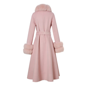 Lady Long Wool Jacket with Real Fox fur Cuffs Fashion Coat Pink Detachable