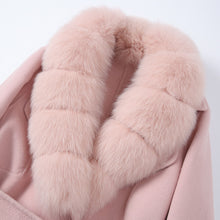 Load image into Gallery viewer, Lady Long Wool Jacket with Real Fox fur Cuffs Fashion Coat Pink Detachable