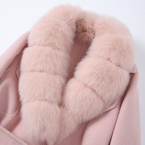 Lady Long Wool Jacket with Real Fox fur Cuffs Fashion Coat Pink Detachable