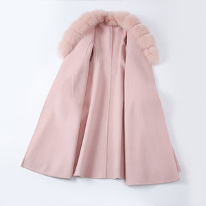 Lady Long Wool Jacket with Real Fox fur Cuffs Fashion Coat Pink Detachable