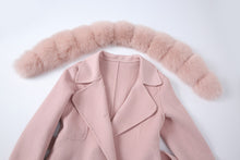 Load image into Gallery viewer, Lady Long Wool Jacket with Real Fox fur Cuffs Fashion Coat Pink Detachable