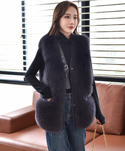 Women's Luxury Leather Gilet Winter Warm Real Fur Vest Fashion Waistcoat